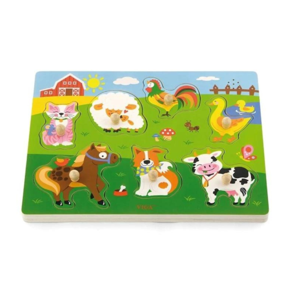 Learn about animals and their noises with the Wooden Farm Animal Sound Peg Puzzle!