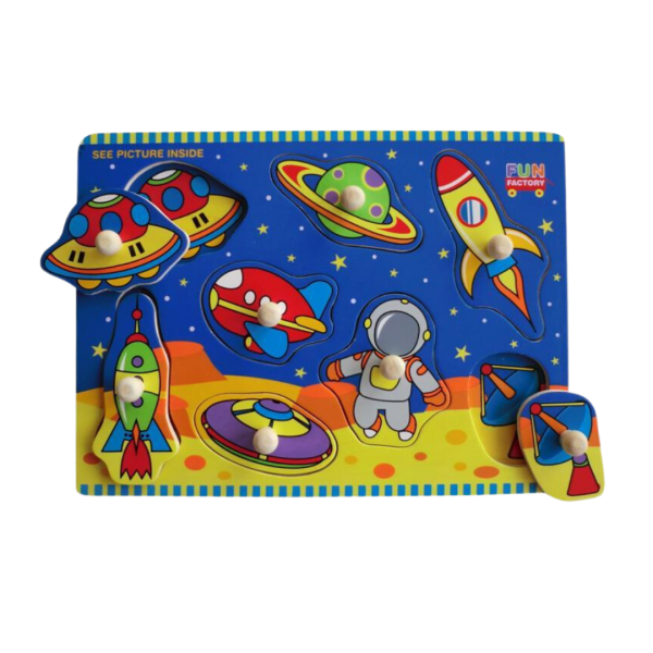 Piece together our wooden Outer Space Peg Puzzle!