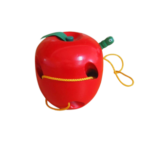 Learn to thread with this Red Lacing Wooden Apple with Worm!