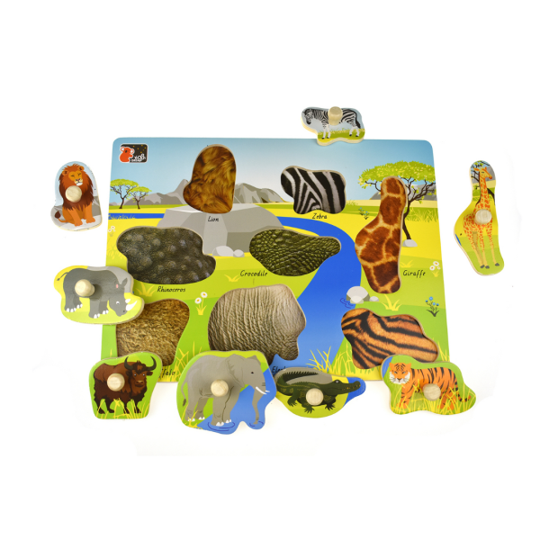 Match the pattern with the right animal in our Wild Animal Wooden Peg Puzzle!